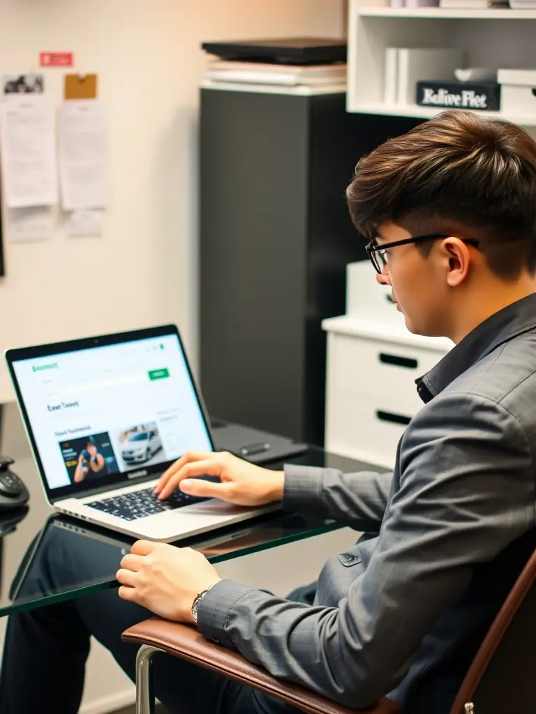 A person using a laptop to search for vehicle information on the 카벤토리 website, with a focus on the search bar and vehicle details displayed on the screen.