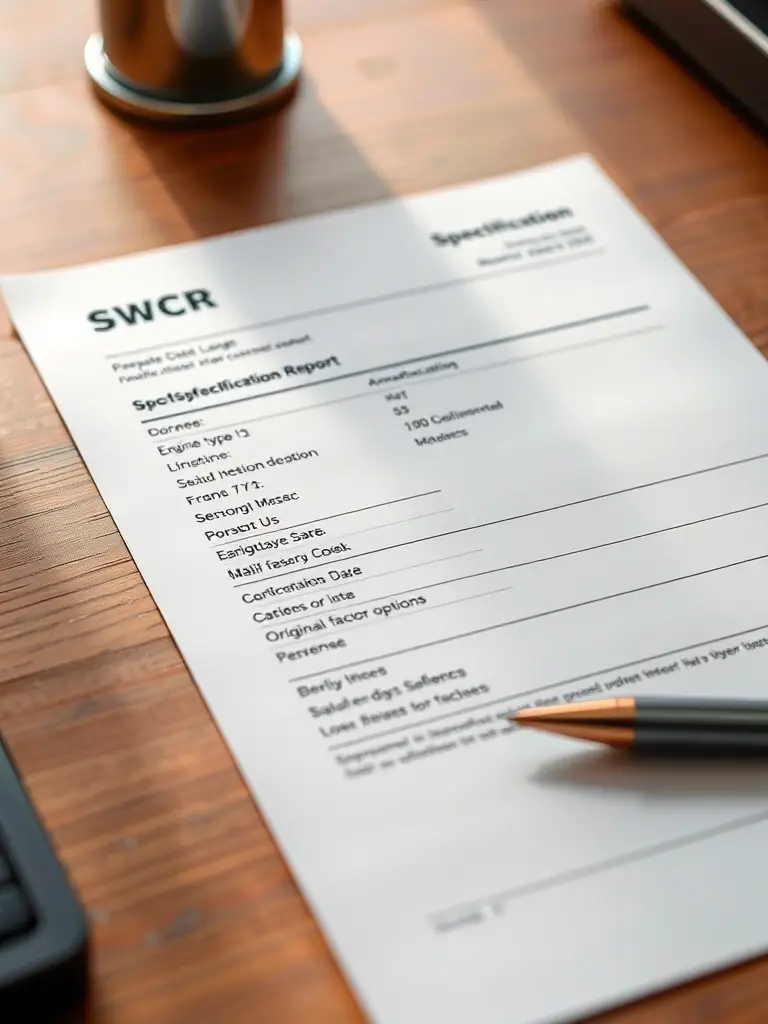 An image of a vehicle specification report generated by 카벤토리, highlighting key details such as engine type, manufacturing date, and original factory options.